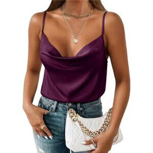 Satin Cowl Neck Camisole –Adjustable Spaghetti Straps, Sleeveless Silky Tank Top